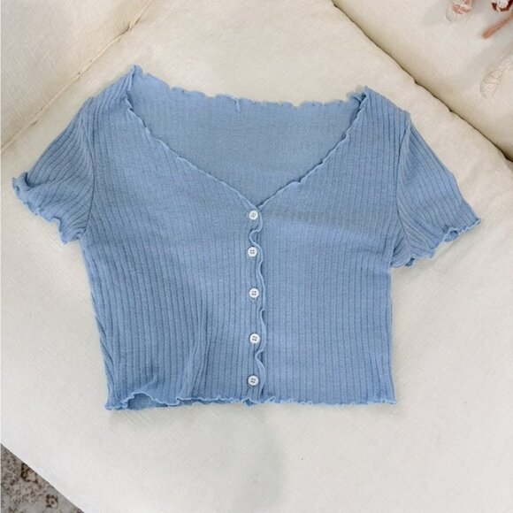 SHEIN Blue Ribbed Button-Up Women's Top - Picture 1 of 2